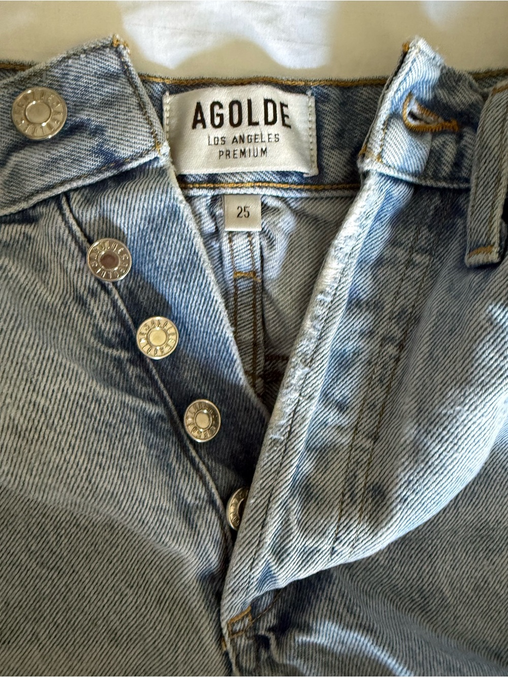 Agolde Light Blue Button-Fly Denim Shorts